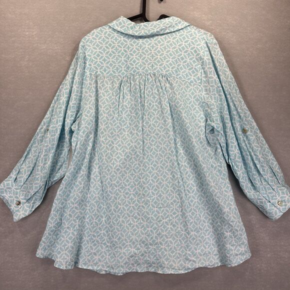 Charter Club Luxury Women’s 100% Linen 2X Blue Pattern Roll tab Sleeve Button Up - Picture 2 of 12